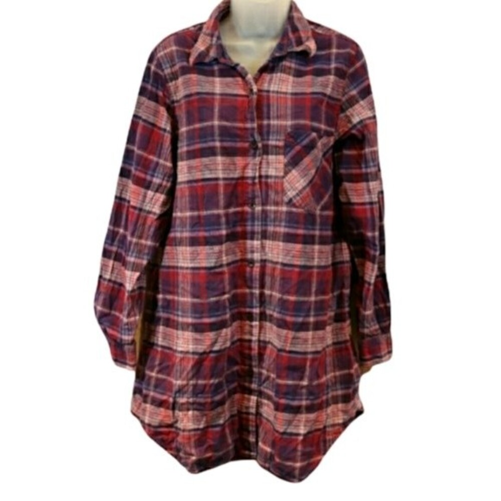 Orvis Purple Plaid Button Up Tunic Dress Medium Cotton Western Rustic Shirt